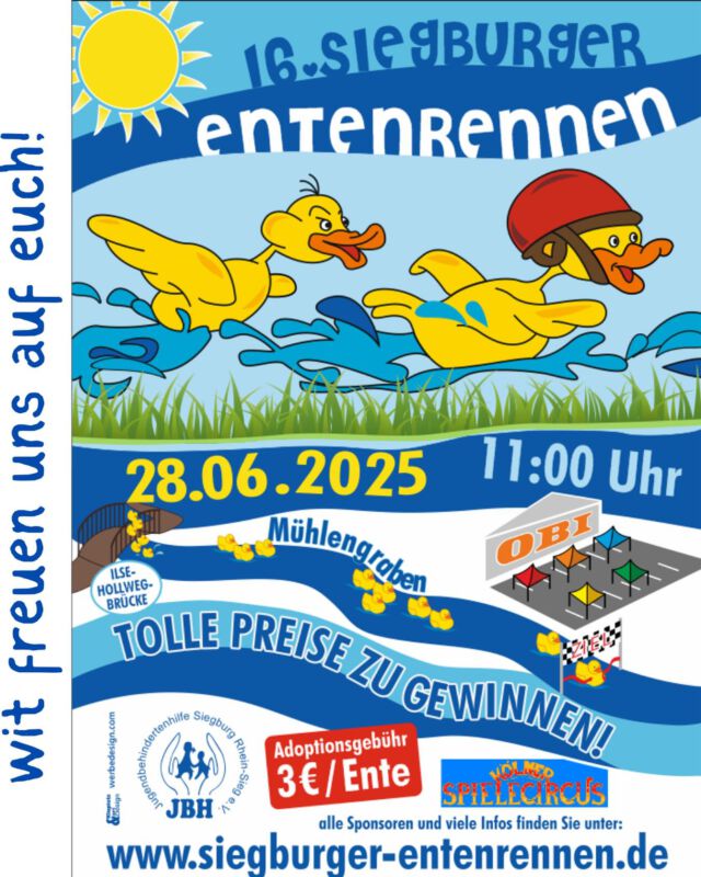 Wir laden euch herzlich ein zu unserem 16. Entenrennen! 🦆
Wann? Am 28.06. ab 11:00 
Wo? Auf dem Gelände von @obi_siegburg!

Kommt vorbei und bringt Familie & Freunde mit! Ein tolles Event für groß und klein erwartet euch! 

Teilen erwünscht – je mehr, desto besser! 
#Entenrennen #Siegburg #jbhsiegburg #FürDenGutenZweck #Familienevent